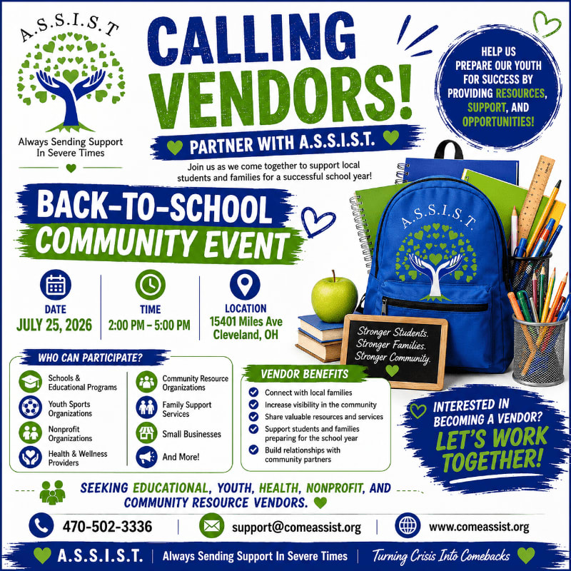 A blue backpack with school supplies sits in the foreground, while the background features a flyer for a back-to-school community event.