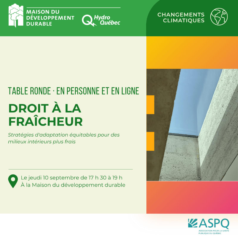 A green and yellow poster announces a roundtable discussion on the right to coolness, with a concrete architectural detail in the background.