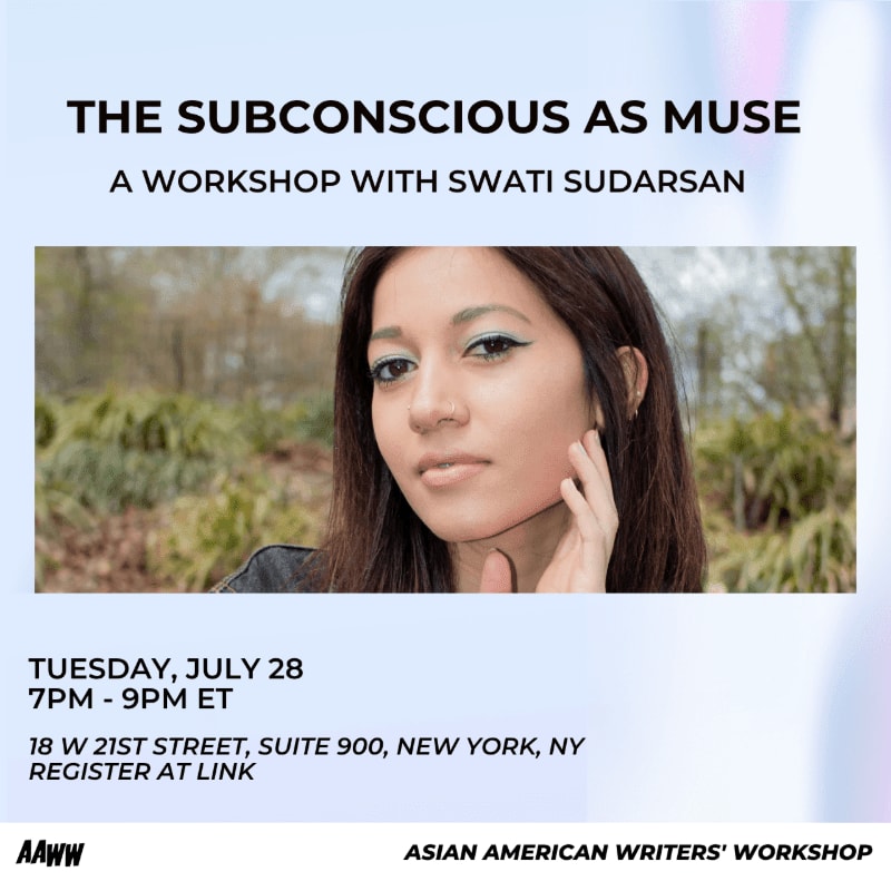 A woman with dark hair and dramatic eye makeup is featured in the foreground, with a blurred background of greenery and trees, advertising a workshop titled "The Subconscious as Muse."