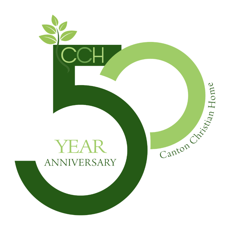 A large, dark green "50" with "CCH" and a sprout at the top, and "YEAR ANNIVERSARY" inside the loop, is set against a white background with a lighter green partial circle and "Canton Christian Home" text.
