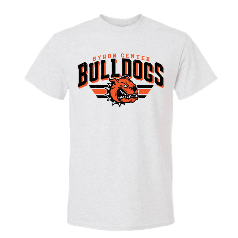 A white t-shirt with the "Byron Center Bulldogs" logo featuring an angry bulldog head is displayed against a plain white background.