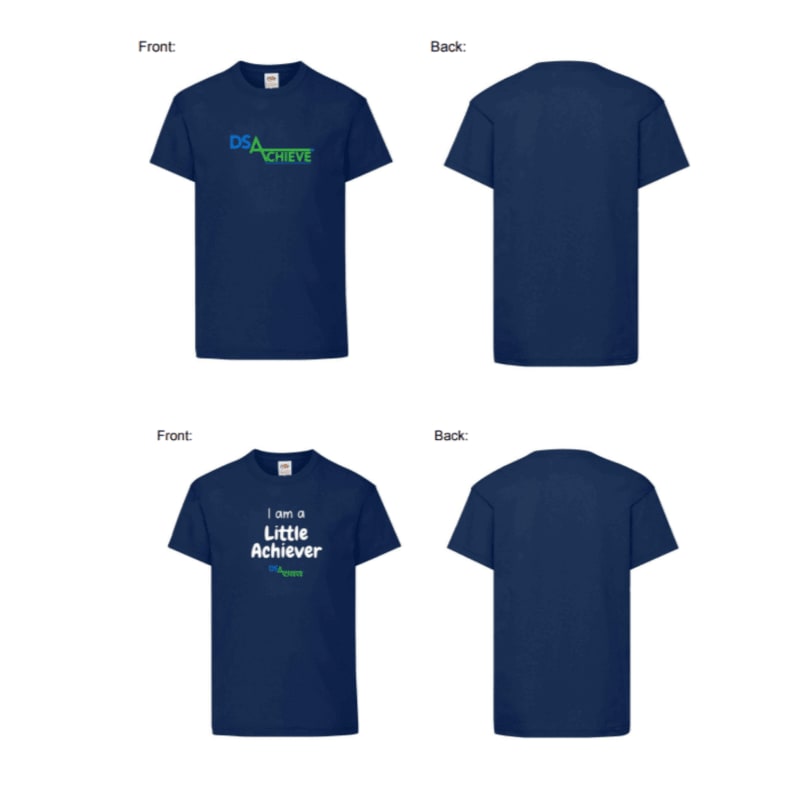 Two navy blue t-shirts, each shown front and back, are displayed against a white background.