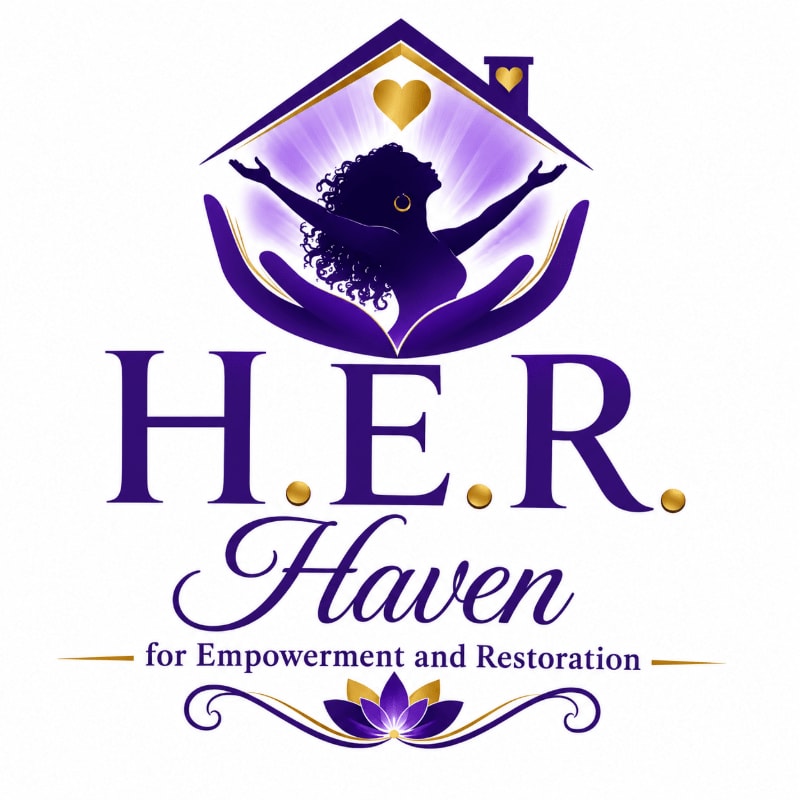 A purple silhouette of a woman with outstretched arms is cradled by hands within a house-shaped emblem, with the text "H.E.R. Haven for Empowerment and Restoration" below, all against a white background.