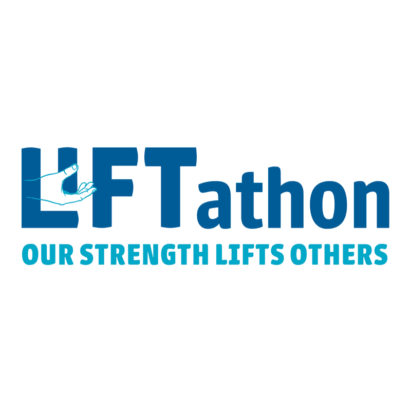 A blue logo with the word "LIFT" formed by a hand reaching up, followed by "athon" and the tagline "OUR STRENGTH LIFTS OTHERS" against a white background.