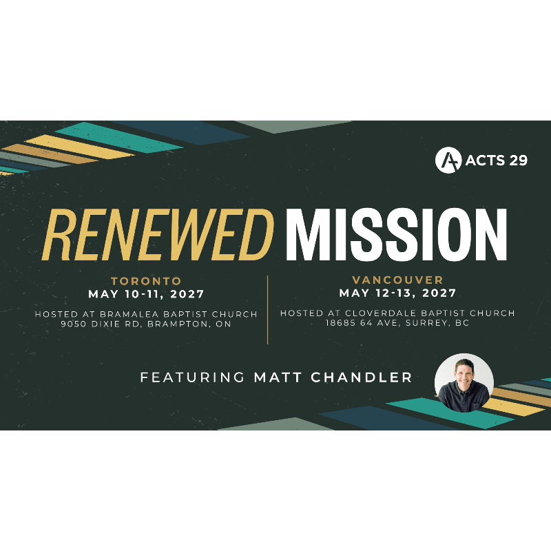 A dark background with abstract geometric shapes in the upper corners frames the text "RENEWED MISSION" in large white and yellow letters, with event details for Toronto and Vancouver below, and a small circular photo of Matt Chandler on the right.