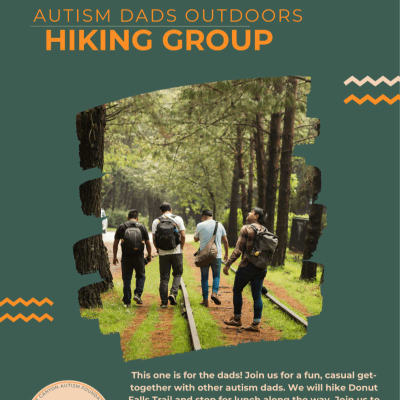 Four dads hike on a wooded trail in the foreground, with text overlaying the image announcing an "Autism Dads Outdoors Hiking Group."