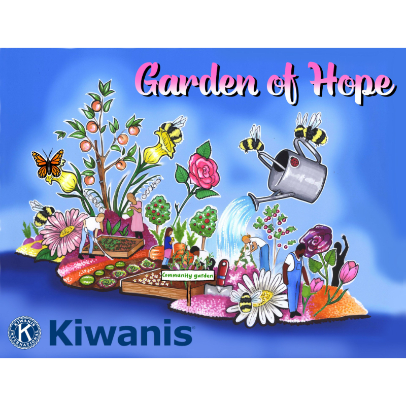 A vibrant "Garden of Hope" float, featuring people tending to plants and bees, is set against a bright blue sky with fluffy clouds.