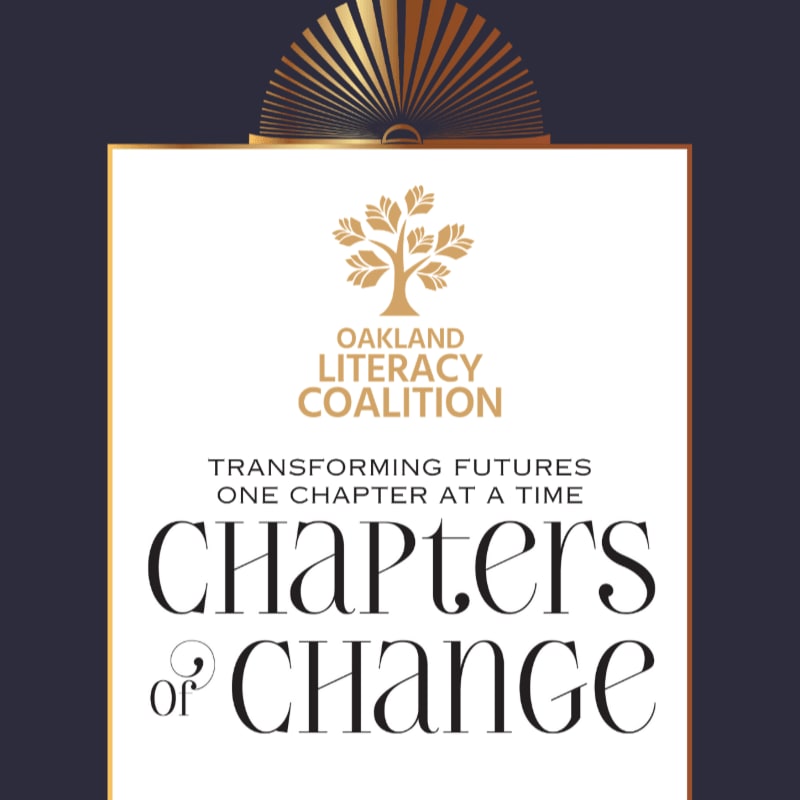 A gold fan-like ornament sits atop a white rectangle with the Oakland Literacy Coalition logo and "CHAPTERS of CHANGE" text, all set against a dark blue background.