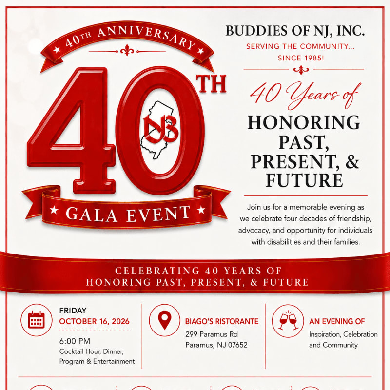 A red and white invitation for a 40th anniversary gala event for Buddies of NJ, Inc. is displayed, with event details at the bottom.