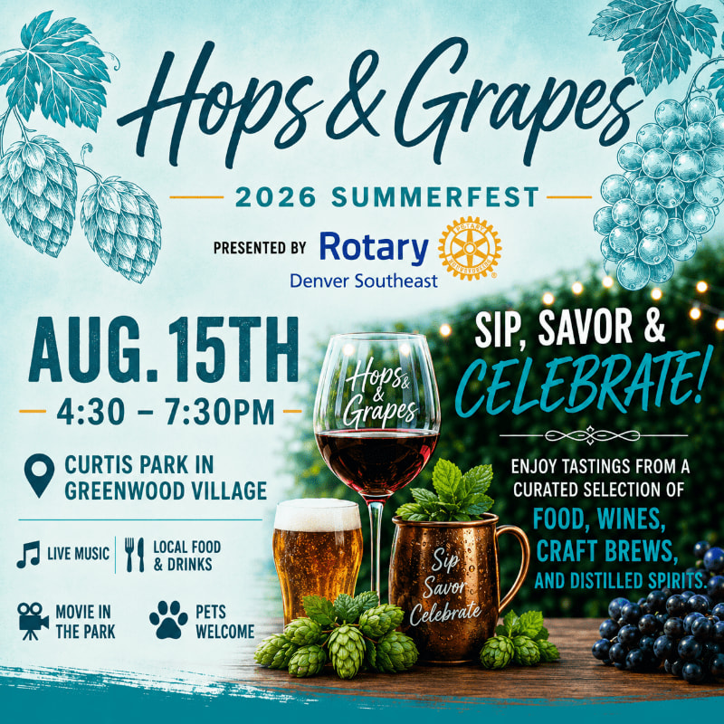 A close-up of a glass of red wine and a mug of beer sits on a wooden surface in the foreground, with a blurred background featuring text announcing the "Hops & Grapes 2026 Summerfest" event.