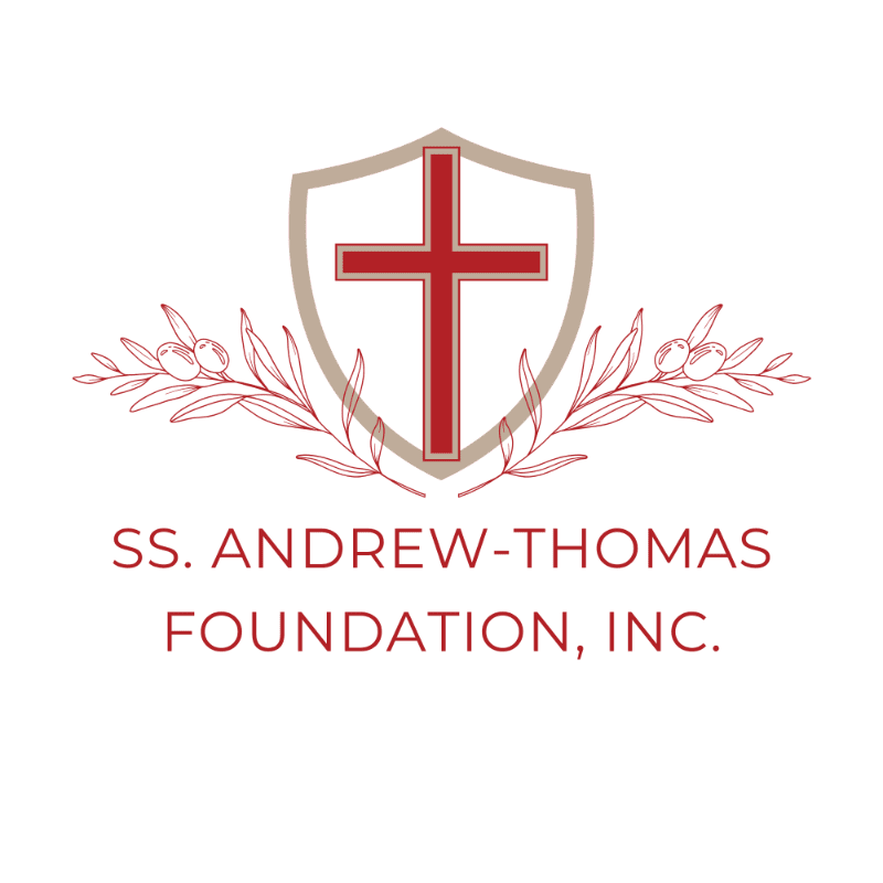 A red cross within a shield is flanked by olive branches in the foreground, with the text "SS. ANDREW-THOMAS FOUNDATION, INC." below it against a white background.