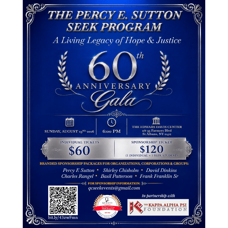 A blue, ornate flyer announces the Percy E. Sutton SEEK Program's 60th Anniversary Gala, with event details and ticket prices in the foreground and a decorative border in the background.