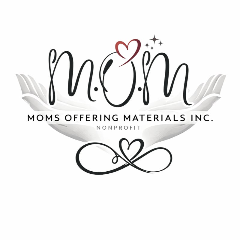 White hands cradle the word "MOM" with a heart and sparkles above, while the organization's name and "NONPROFIT" are written below.