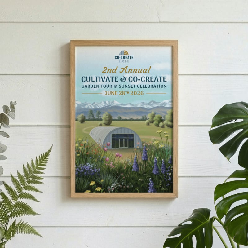 A framed poster advertising the "2nd Annual Cultivate & Co-Create Garden Tour & Sunset Celebration" on a white paneled wall, with lush green foliage in the foreground and a scenic landscape with mountains in the background of the poster.