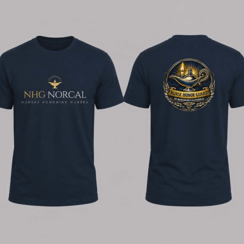 A navy blue t-shirt is displayed with its front featuring a gold logo and text, while the back showcases a circular emblem with a lamp and text.