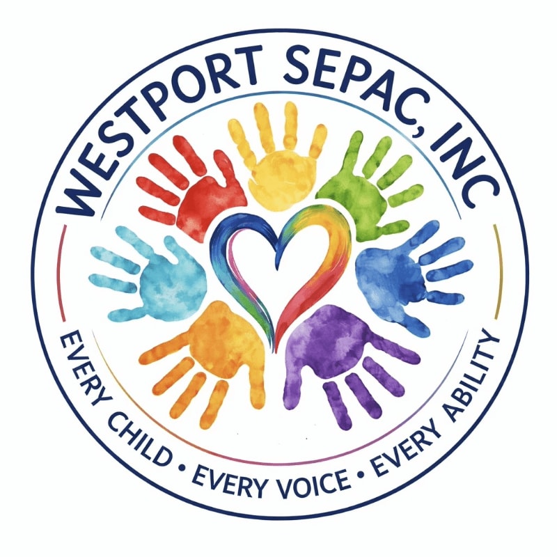 Colorful handprints form a circle around a rainbow heart in the foreground, with the text "WESTPORT SEPAC, INC. EVERY CHILD • EVERY VOICE • EVERY ABILITY" encircling the design in the background.