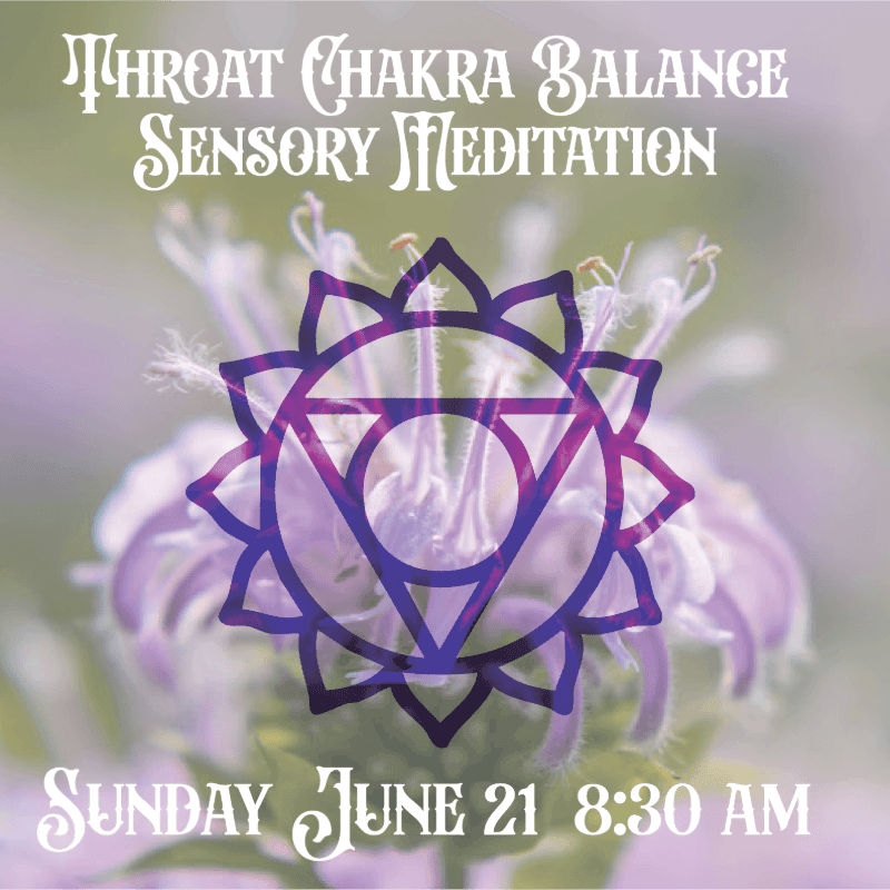 A purple throat chakra symbol is superimposed over a soft-focus image of a light purple flower, with text announcing "Throat Chakra Balance Sensory Meditation" and "Sunday June 21 8:30 AM" at the top and bottom respectively.