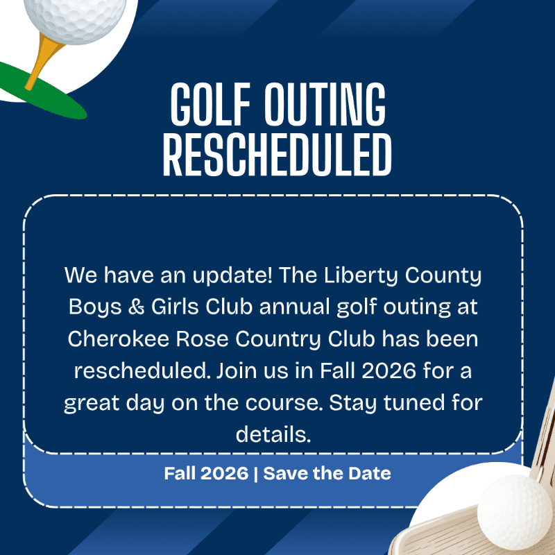 A golf ball on a tee is in the foreground, with a dark blue background featuring a stylized pattern and text announcing a rescheduled golf outing.