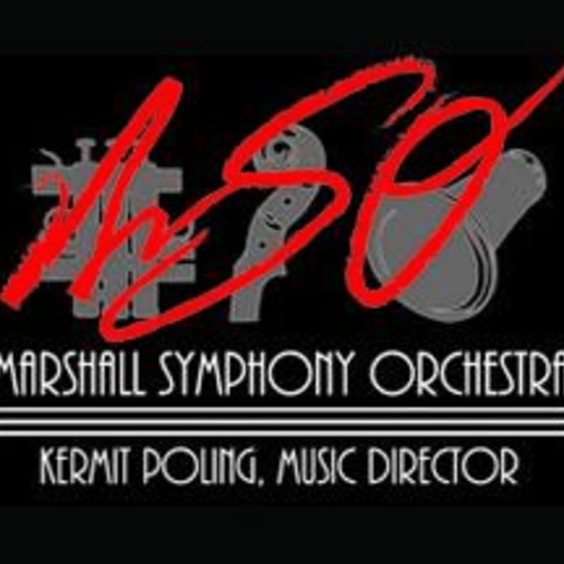 A red cursive "MSO" overlays a grey silhouette of musical instruments in the foreground, with "MARSHALL SYMPHONY ORCHESTRA" and "KERMIT POLING, MUSIC DIRECTOR" printed below on a black background.