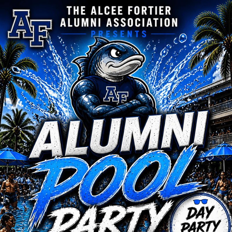 A muscular cartoon fish mascot in an "AF" jersey stands in front of a splashing water background, with the words "ALUMNI POOL PARTY DAY PARTY" in large letters, while palm trees and a crowded pool party are visible in the background.