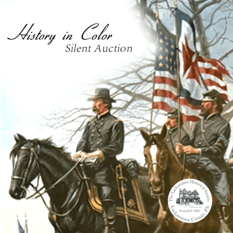 Two men on horseback in the foreground, one in a dark uniform with a mustache, are flanked by American flags in the background, with text overlaying the scene.