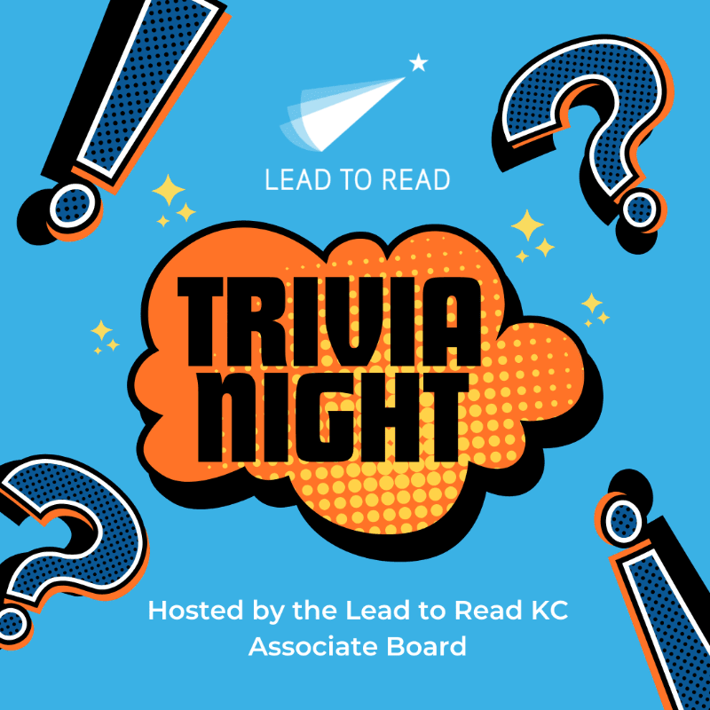 A bright blue background frames a central orange and yellow "TRIVIA NIGHT" cloud graphic, surrounded by large question marks and exclamation points, with "LEAD TO READ" and hosting information at the top and bottom.