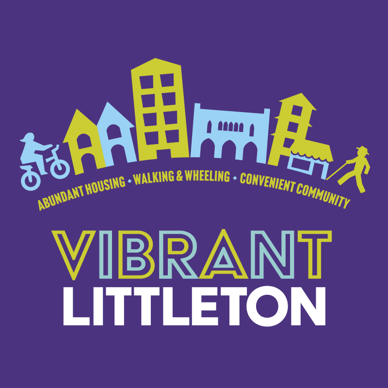 Colorful buildings and silhouettes of people biking and walking are in the foreground, with the words "VIBRANT LITTLETON" in large letters against a purple background.