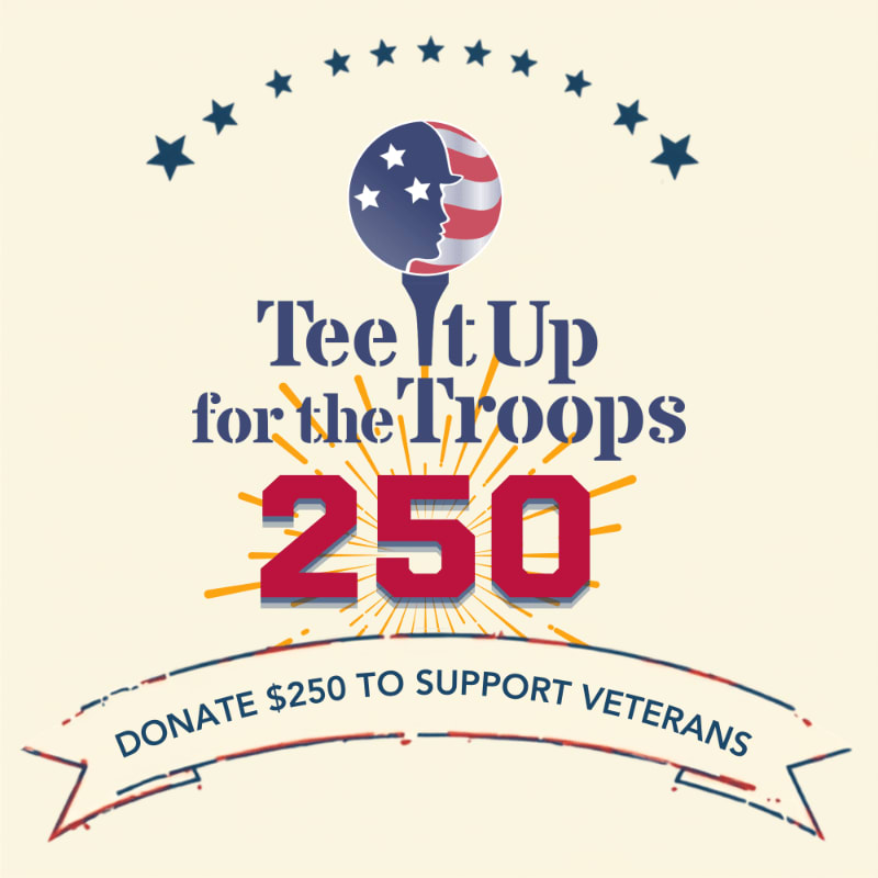 A golf ball with an American flag design sits atop a tee in the foreground, with the text "Tee It Up for the Troops 250" and "DONATE $250 TO SUPPORT VETERANS" below it, all against a cream-colored background with a string of stars above.