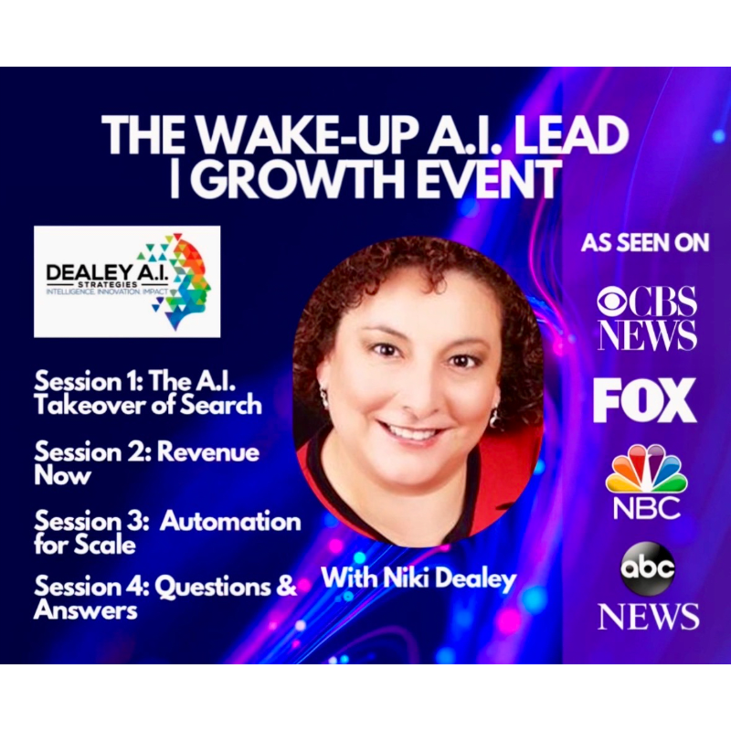 A woman with curly hair smiles in the foreground against a background of event details and news channel logos.