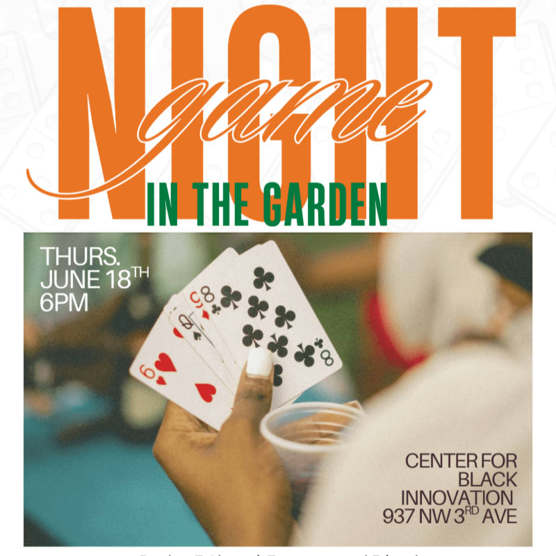 A hand holds playing cards in the foreground, with the event title "NIGHT GAME IN THE GARDEN" and details about the event in the background.