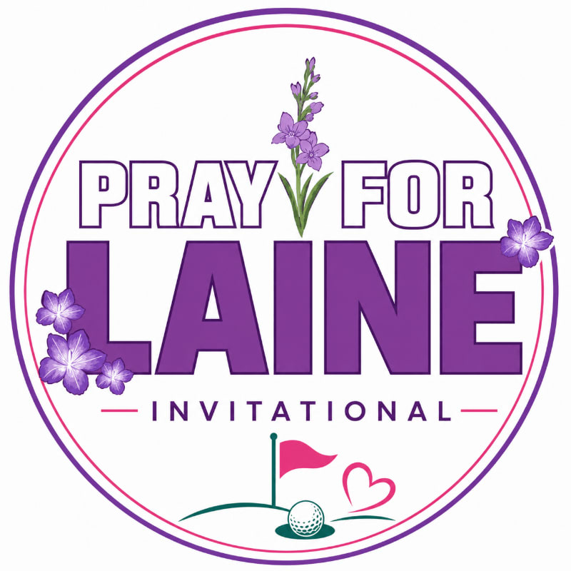 A circular logo with "PRAY FOR LAINE INVITATIONAL" in purple text, adorned with purple flowers and a sprig of lavender at the top, features a golf ball on a tee with a flag and a heart in the background.