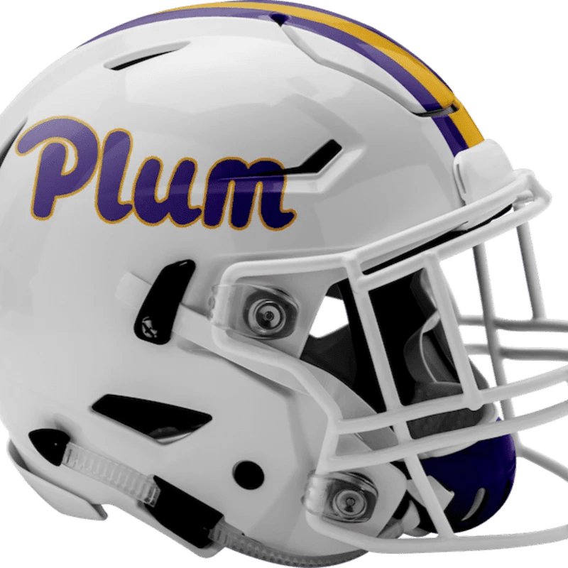 A white football helmet with "Plum" in purple and gold lettering on the side sits against a plain white background.