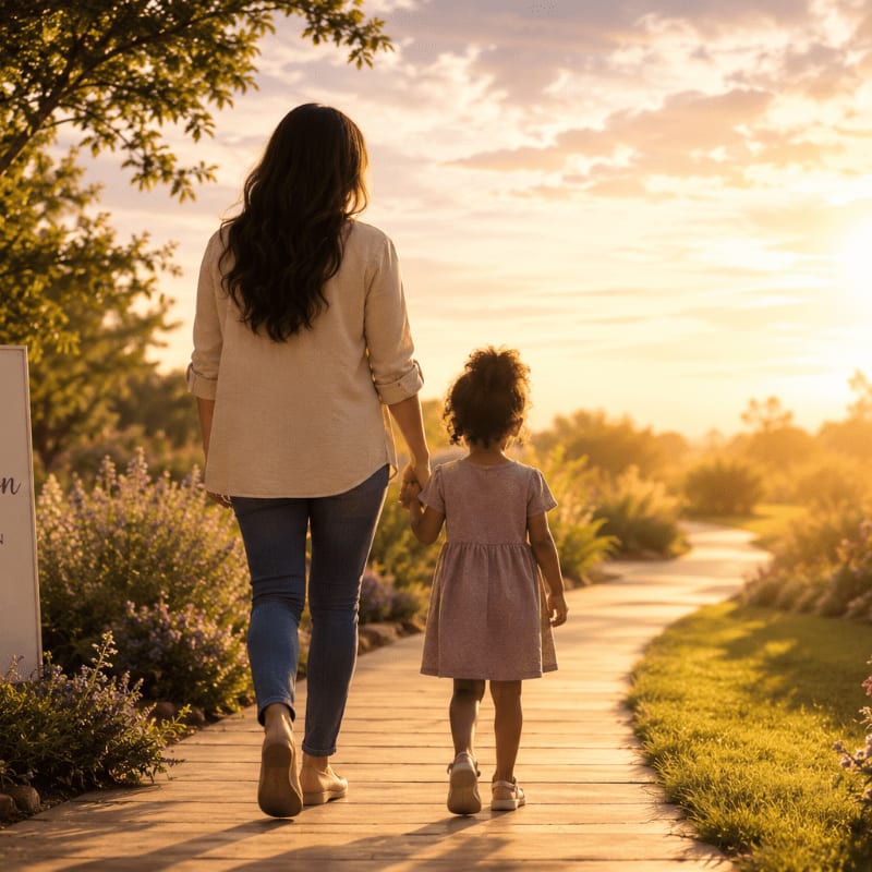 A woman and a young girl walk hand-in-hand down a sun-drenched path lined with lush greenery and flowers, with a warm, hazy sky in the background.