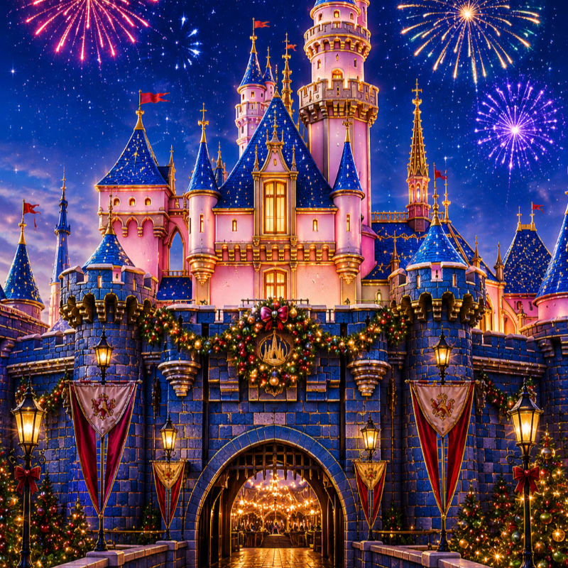 A majestic castle adorned with festive garlands and banners stands beneath a dazzling fireworks display in the night sky.