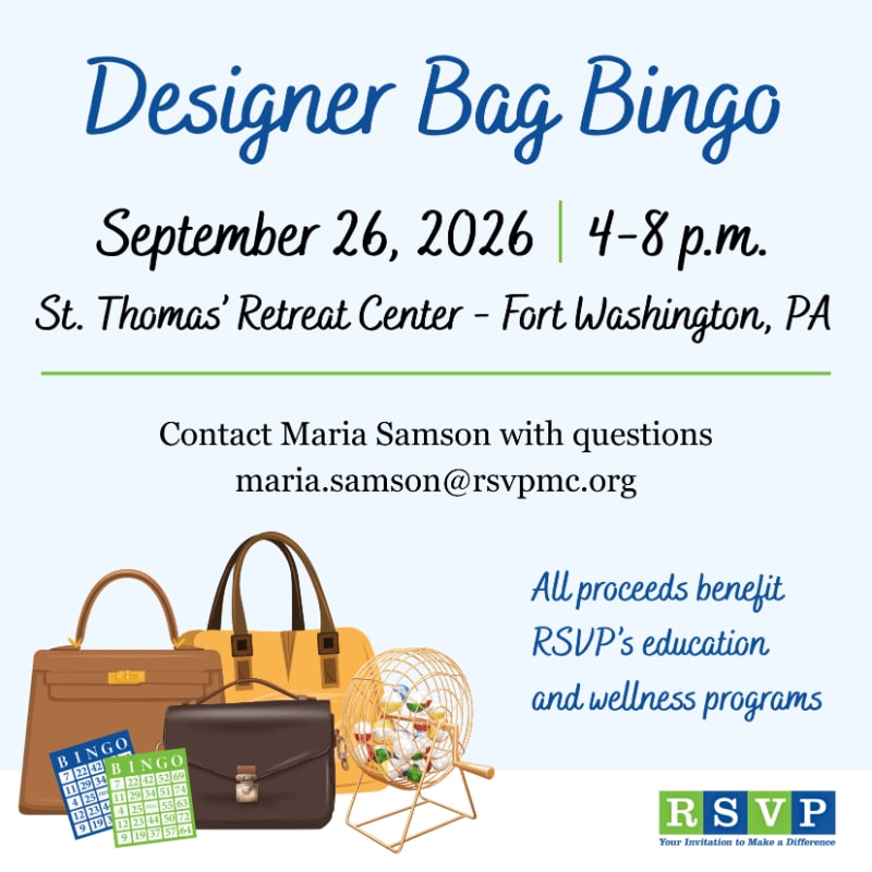 Designer Bag Bingo is advertised with handbags and a bingo cage in the foreground against a light blue background.