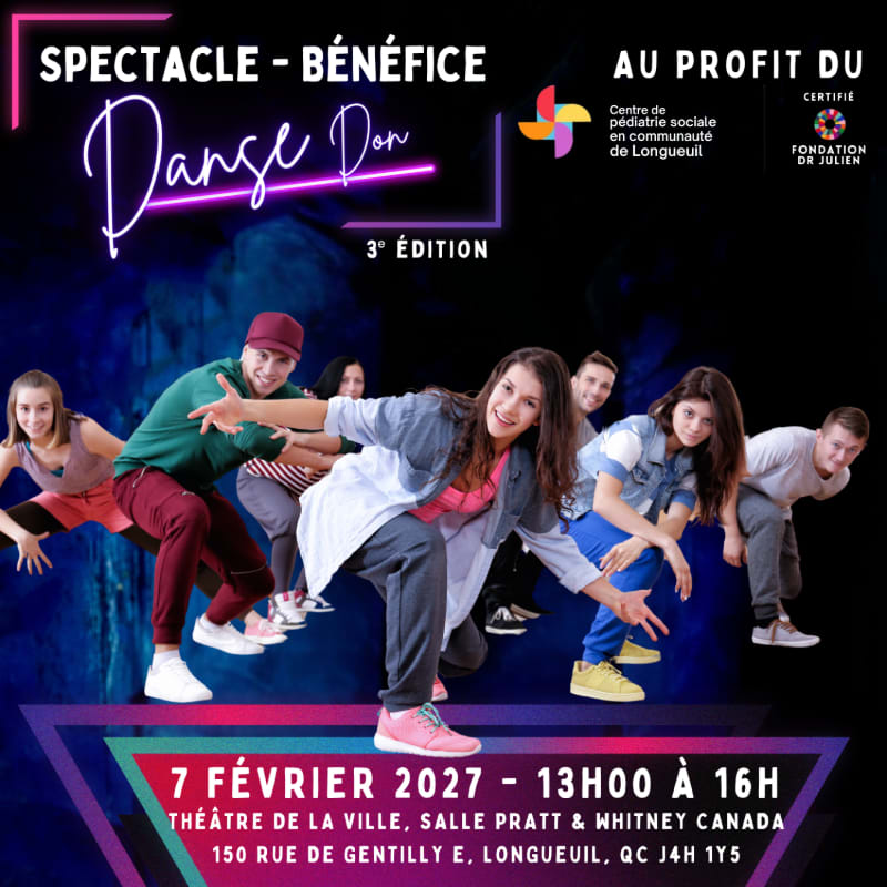 A group of energetic dancers in the foreground are performing in front of a dark, abstract background with event details at the bottom.