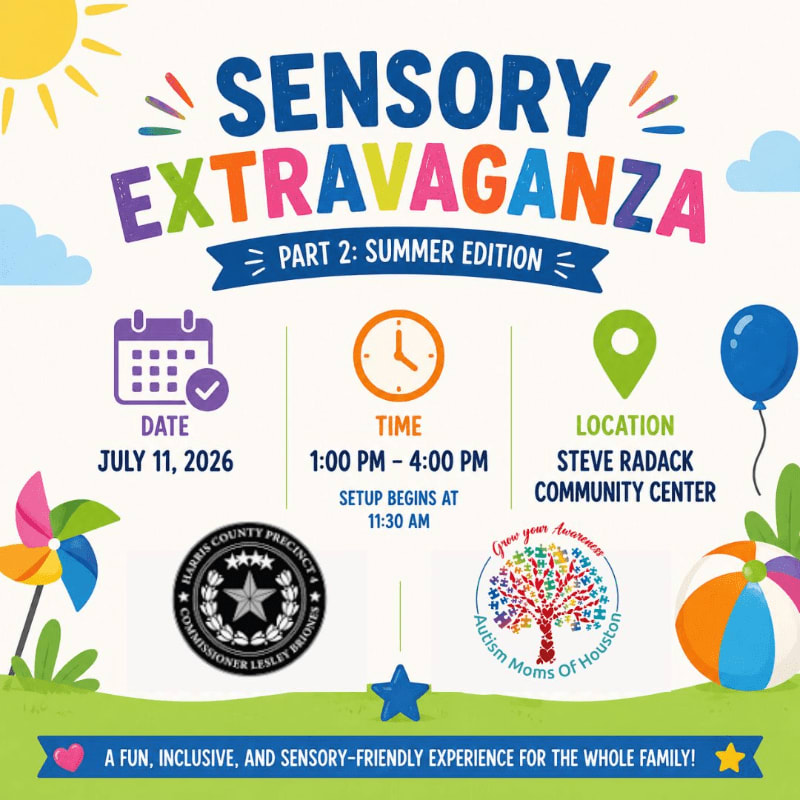 A colorful "Sensory Extravaganza" event poster with details about date, time, and location is set against a background of a sunny sky with clouds and playful elements like a pinwheel and a beach ball.