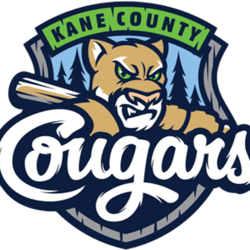 A fierce cougar holding a baseball bat is emblazoned across the word "Cougars" with a backdrop of pine trees and the text "Kane County."
