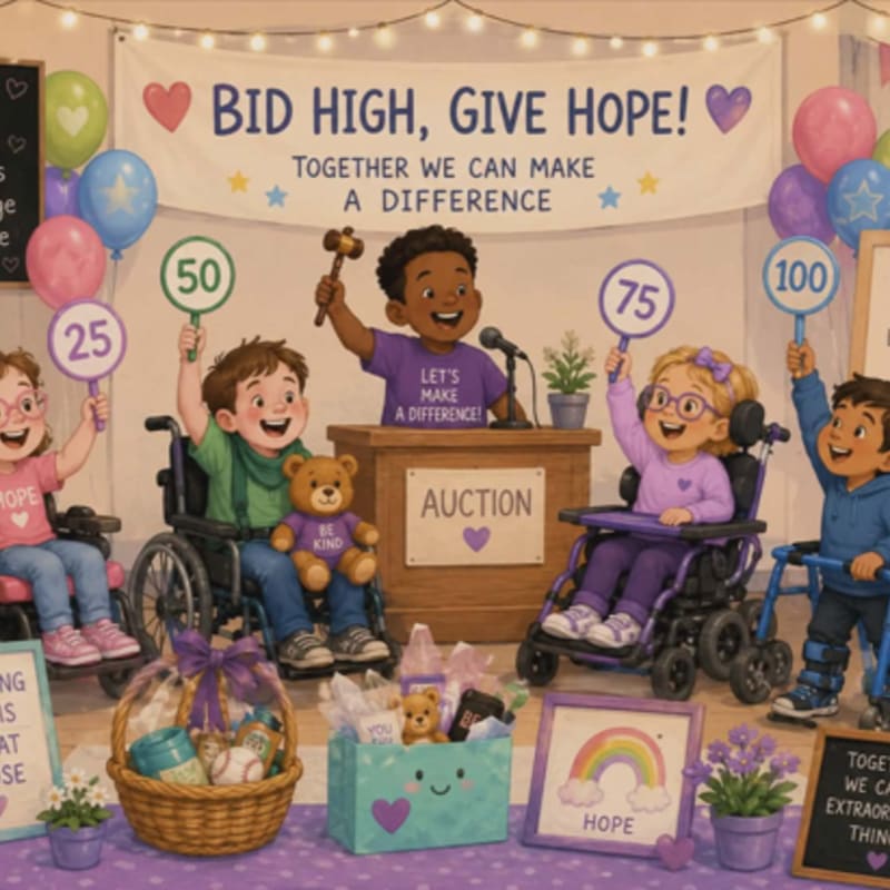 Children in wheelchairs participate in an auction with a banner reading "BID HIGH, GIVE HOPE!" in the background, while gift baskets and auction items are displayed in the foreground.