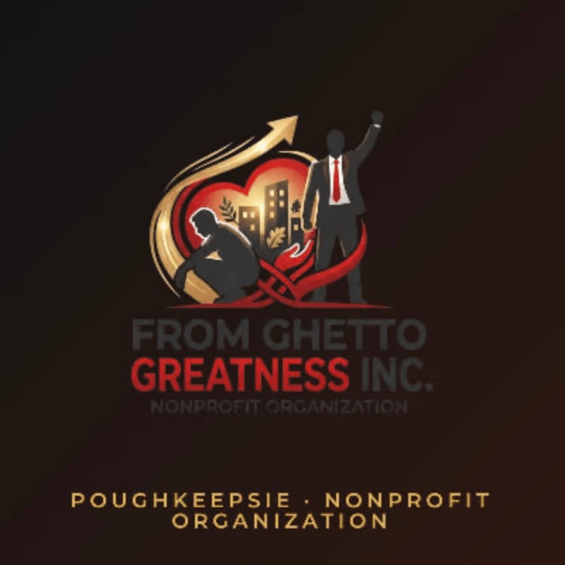 A logo for "From Ghetto Greatness Inc." features a silhouette of a person rising from a crouched position towards a city skyline, with a triumphant figure standing tall in the foreground against a dark, gradient background.