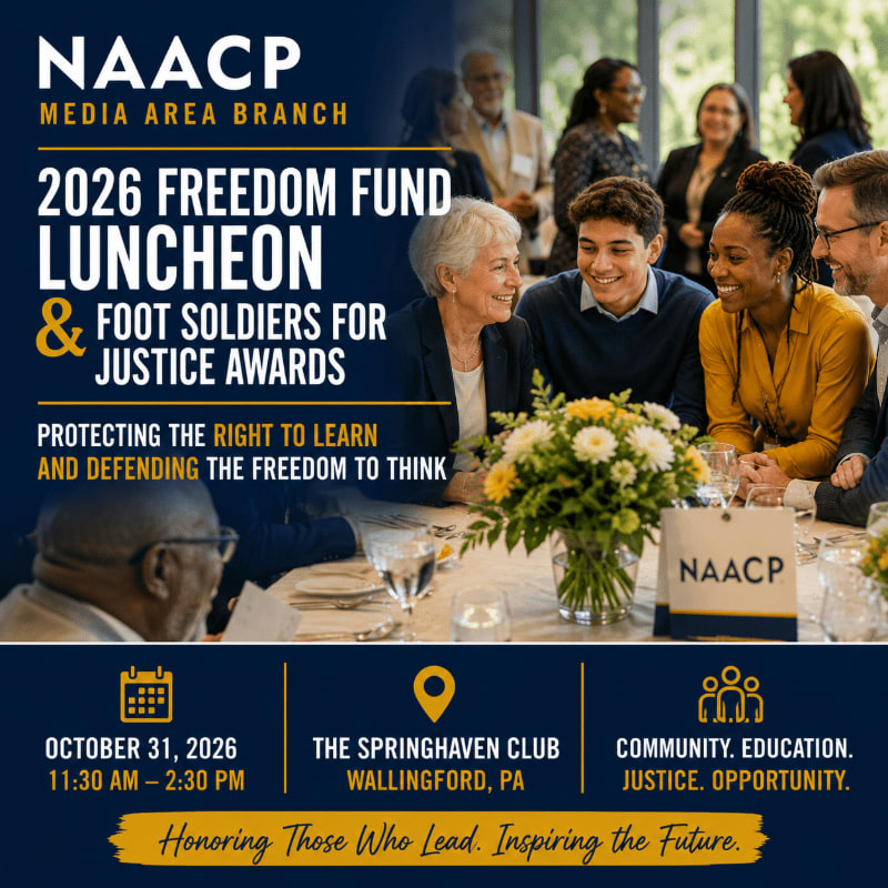 A group of people are seated at a table in the foreground, with a banner for the NAACP Media Area Branch's 2026 Freedom Fund Luncheon and Foot Soldiers for Justice Awards in the background.
