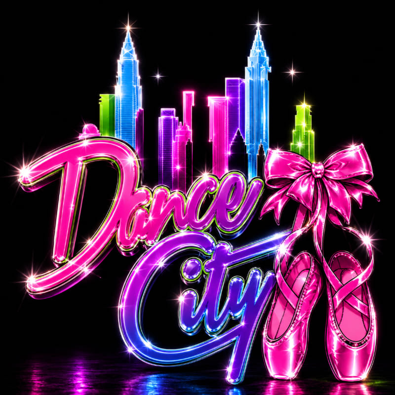 A vibrant "Dance City" logo with pink ballet slippers in the foreground is set against a backdrop of a colorful, illuminated cityscape.