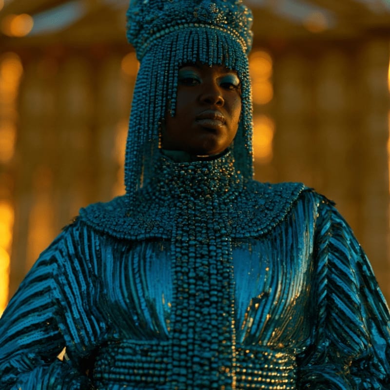 A regal woman in a shimmering blue headdress and ornate robe stands against a blurred golden background.