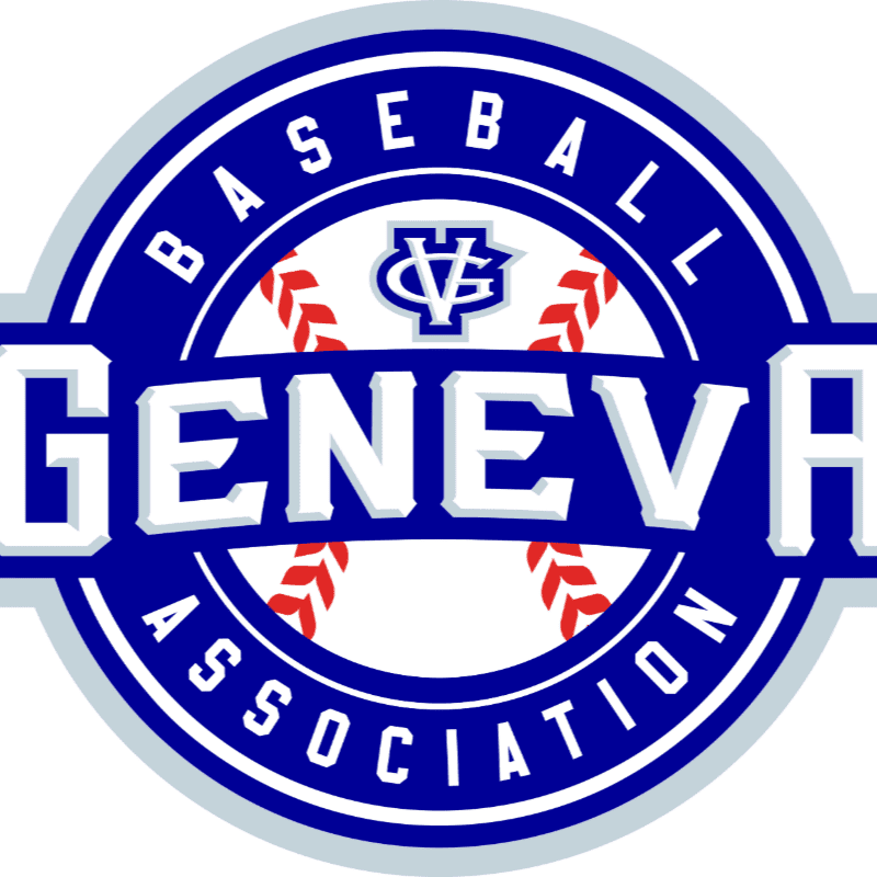 A circular logo with "GENEVA ASSOCIATION" in large white letters across the middle, featuring baseball stitching in the background and a "CV" emblem at the top.