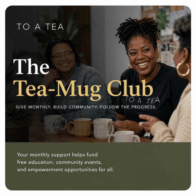 Three smiling women gather around a table with mugs in the foreground, while text overlays the scene promoting "The Tea-Mug Club."