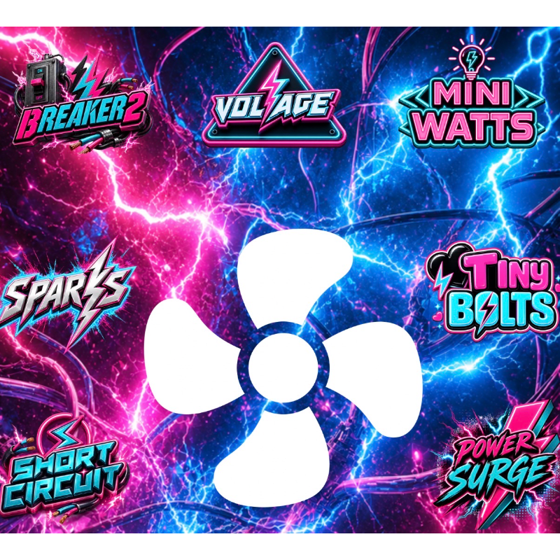 A white fan is centered against a vibrant background of pink and blue lightning, with various electric-themed logos surrounding it.