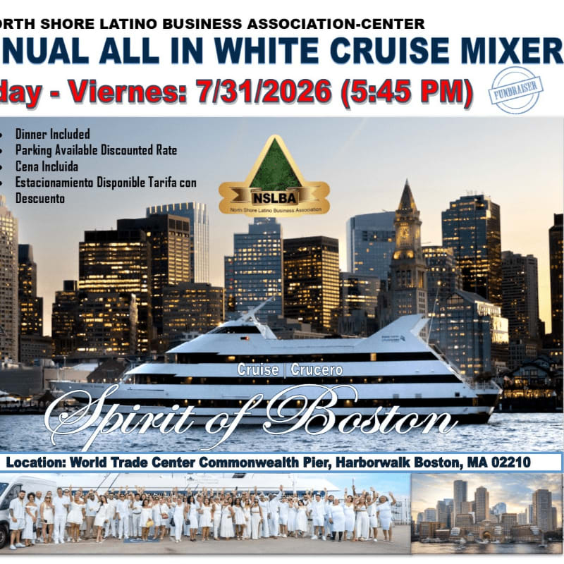 A large white cruise ship, the "Spirit of Boston," sails past a city skyline in the background, while a group of people in white attire stands on a pier in the foreground.