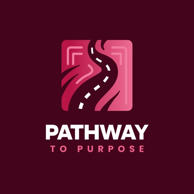 A winding, dotted road is depicted within a pink square in the foreground, set against a deep maroon background with the words "PATHWAY TO PURPOSE" below.