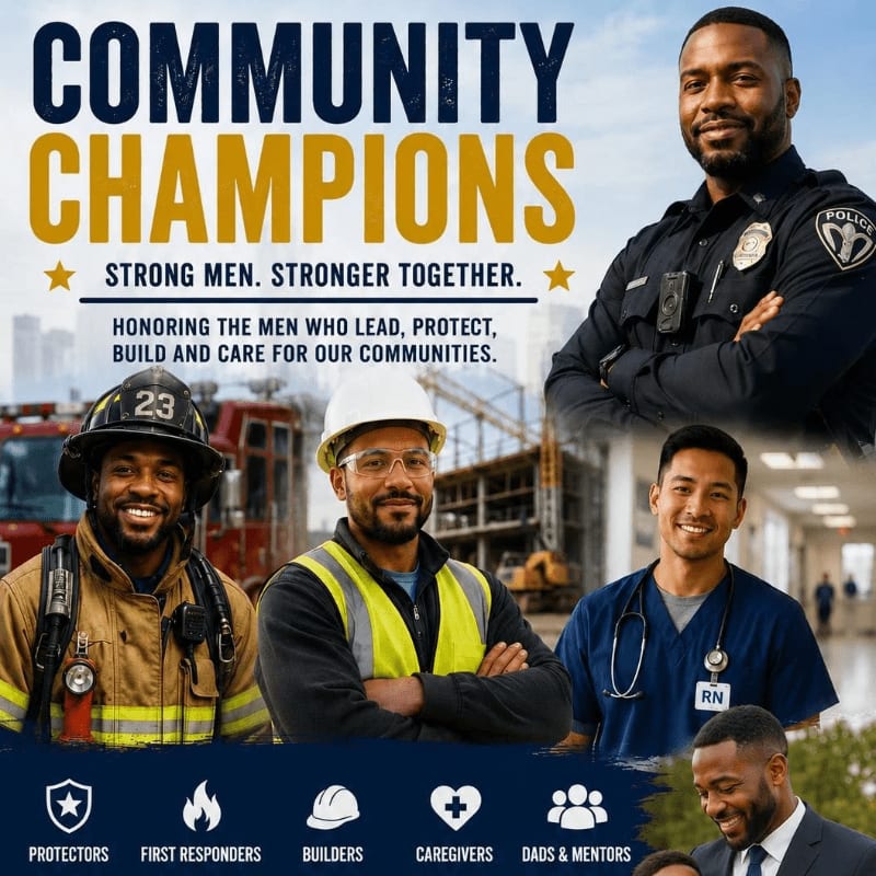 A police officer, firefighter, construction worker, and medical professional are featured in the foreground against a backdrop of city buildings and a hospital hallway, with the text "COMMUNITY CHAMPIONS" prominently displayed.