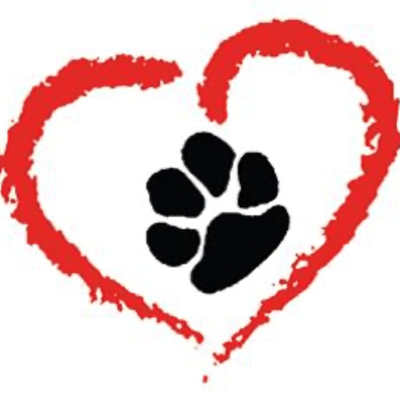 A black paw print is centered within a red, hand-drawn heart against a white background.
